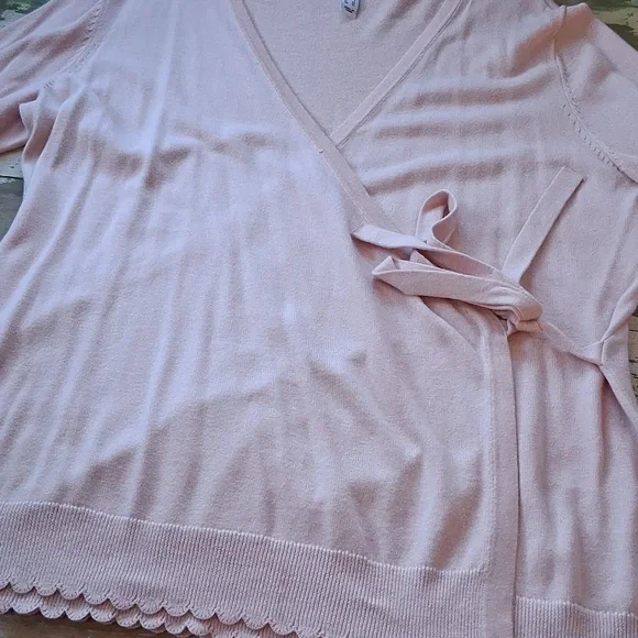 Isaac Mizrahi Soft Pink Wrap Cardigan with Scallop Hem - Picture 3 of 10